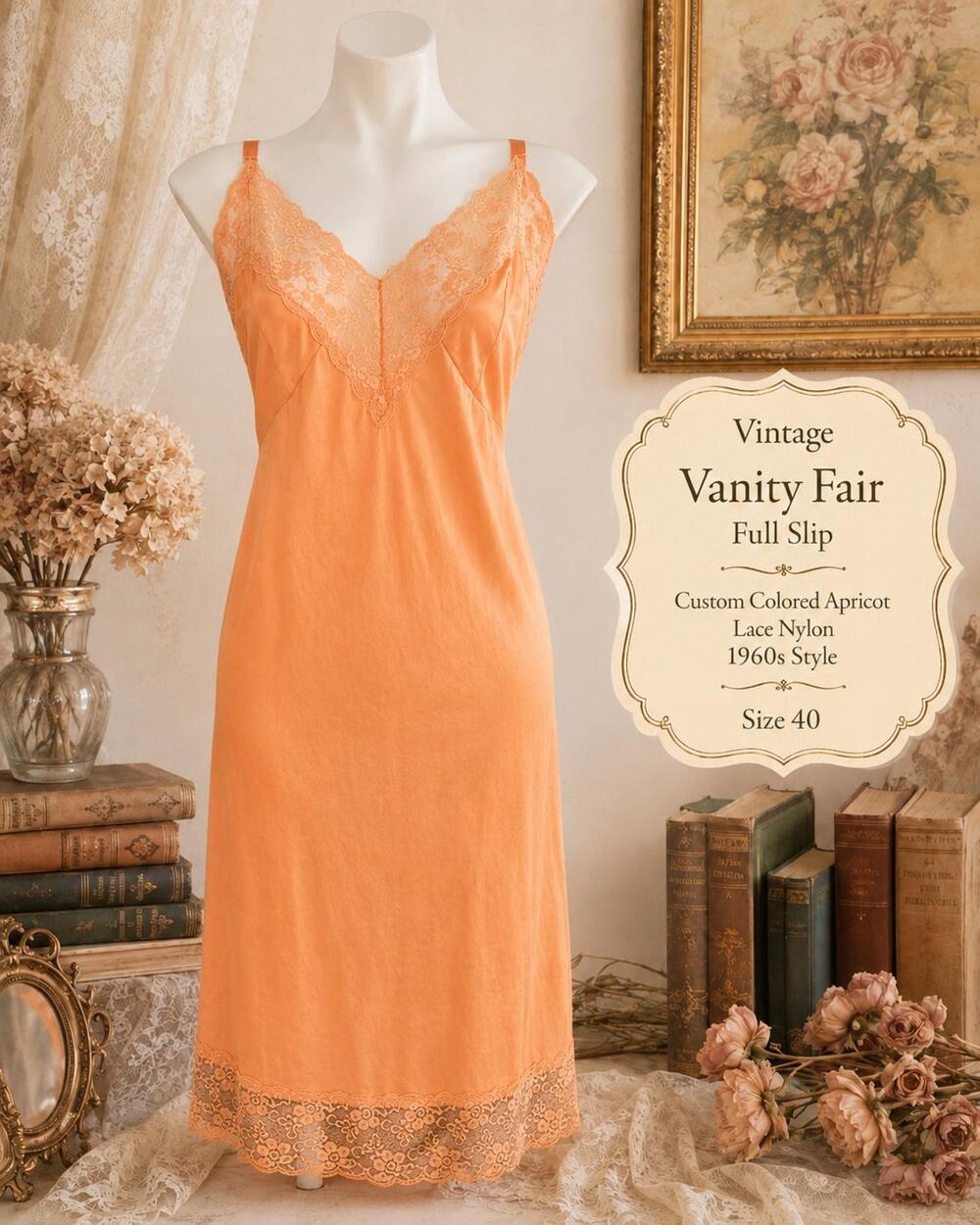 Vintage Vanity Fair Custom Colored Apricot Lace Nylon Full Slip 1960s Style 40